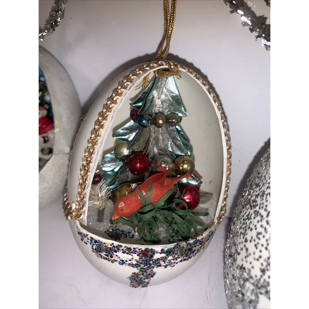 Vintage Egg Shape Diorama Christmas Ornaments Santa Angel Bottlebrush READ